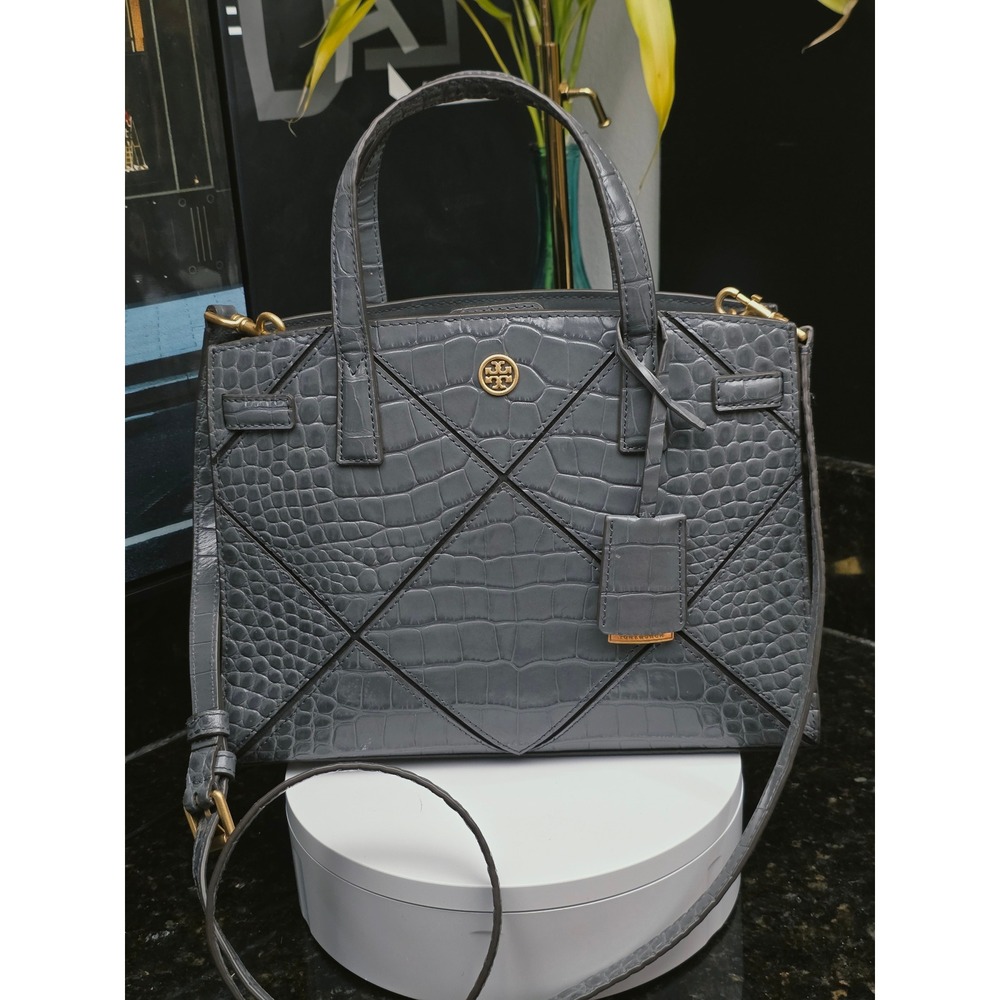 Tory Burch Walker Satchel Small Grey Croc Embossed Leather Handbag Crossbody Bag